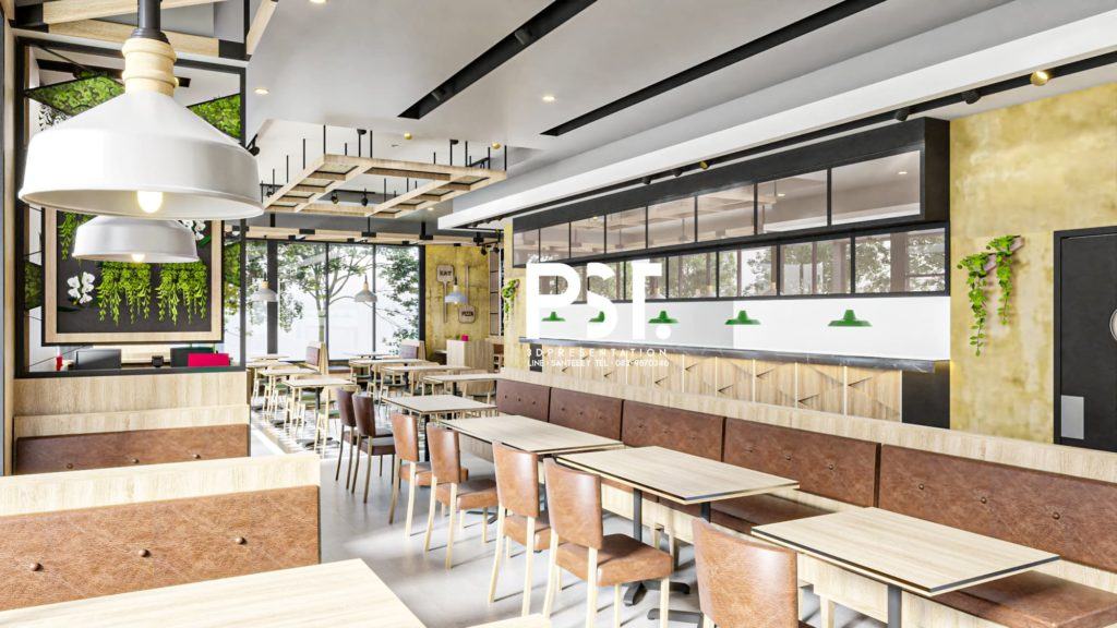 ภาพตัวอย่างานเรนเดอร์ 3D Perspective ออกแบบภายในร้านอาหาร
