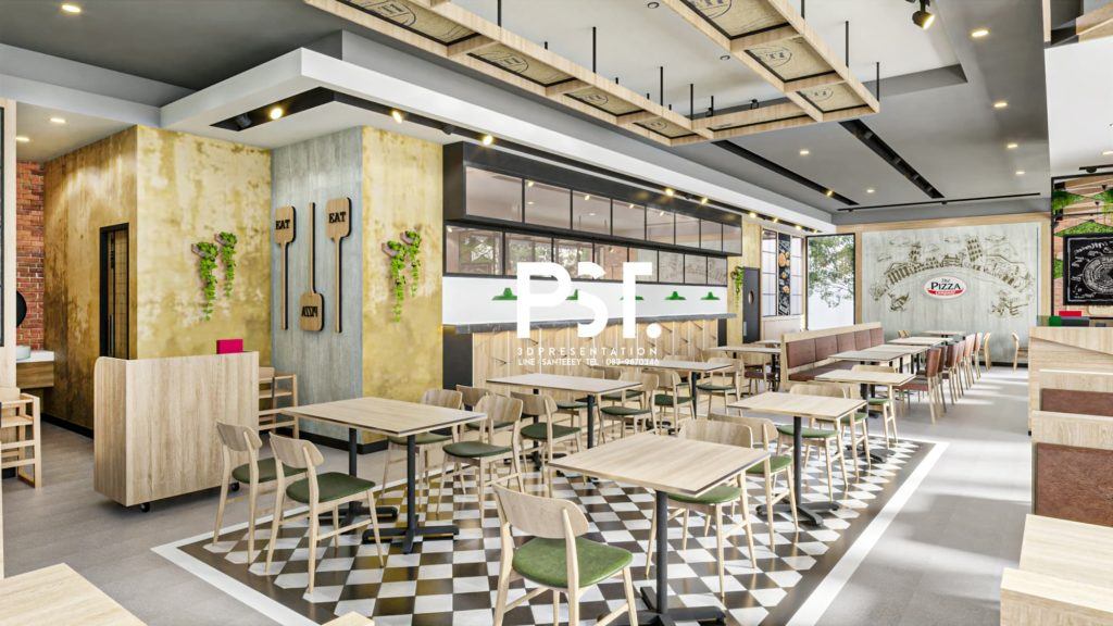 ภาพตัวอย่างานเรนเดอร์ 3D Perspective ออกแบบภายในร้านอาหาร

