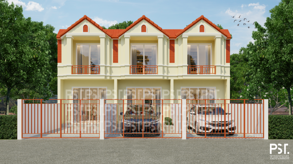 ภาพ 3D Perspective บ้านทาวน์โฮม 3 หลัง พร้อมพื้นที่สวนบริเวณหลังบ้าน