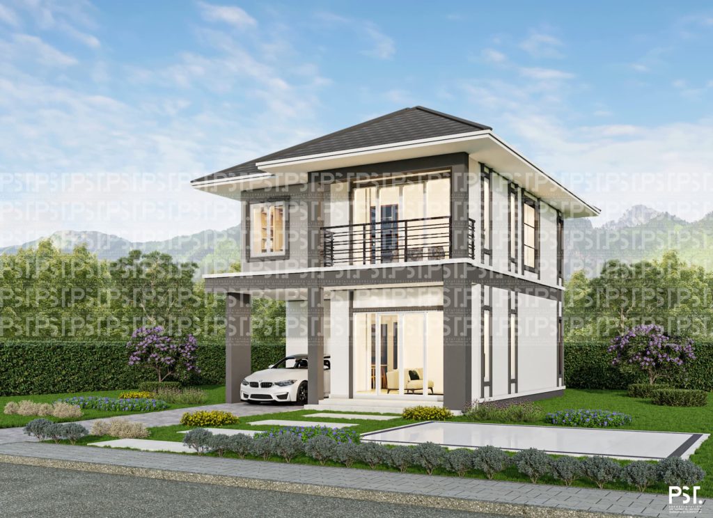 เขียนภาพ 3D Perspective บ้านเดี่ยว 2 ชั้นด้วยโปรแกรม SketchUp ด้านหน้าบ้าน