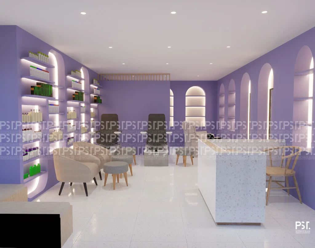 ภาพ 3D Perspective เรนเดอร์ด้วยโปรแกรม SketchUp ภายในร้านค้า โทนสีม่วง พร้อมพื้นที่จัดแสดงสินค้า